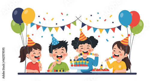 Cheerful Children Celebrate Together With Fruit Skewers And Party Decorations