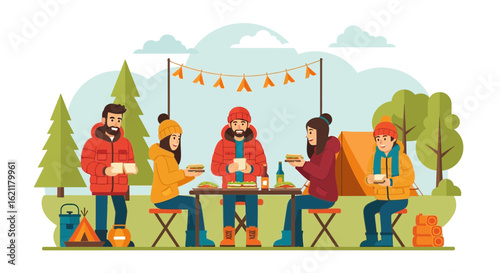 Cheerful Friends Enjoying Camping Trip With Food And Outdoor Recreational Activities