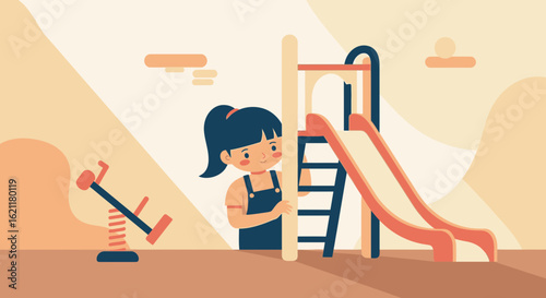 Cheerful girl having fun at playground with slide and seesaw illustration