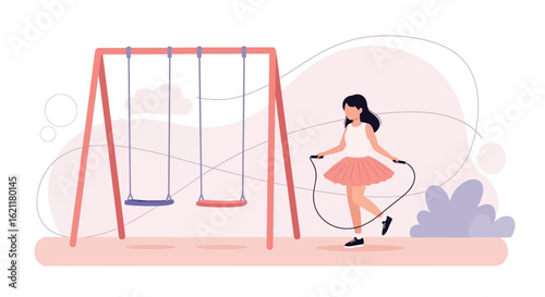Cheerful girl playing at the playground with swing and jump rope on a bright sunny day