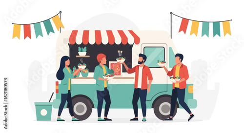 Cheerful People Enjoying Street Food from a Food Truck with Festive Decoration