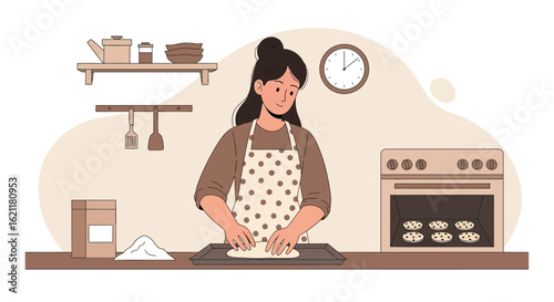 Cheerful Woman Baking Tasty Cookies at Home In a Minimalist Kitchen