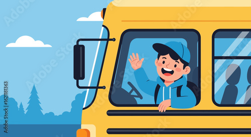 Cheerful young boy waving from inside a yellow school bus on a sunny morning