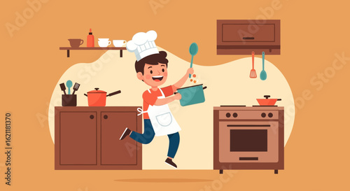 Cheerful young chef cooking in the kitchen, a delightful illustration for kids and families alike with a warm and inviting atmosphere