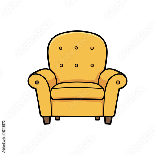 Yellow armchair with button design on wooden legs