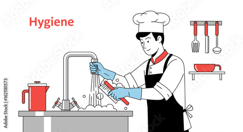 Chef Following Hygiene Washing Utensils With Brush For Food Preparation