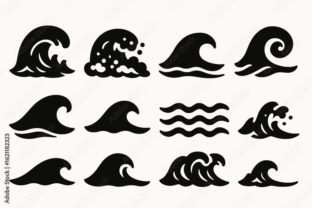 Fototapeta premium Ocean, sea wave silhouette icon set. marine and water symbol silhouette collection