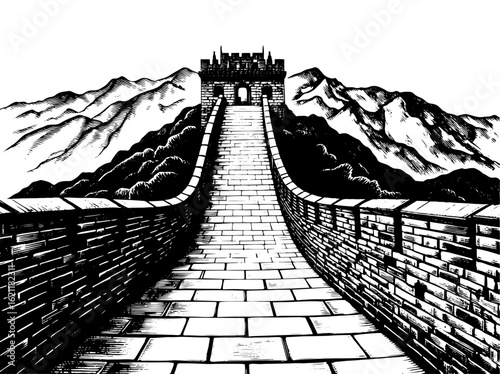 Great Wall of China watchtower in a detailed woodcut style, black and white