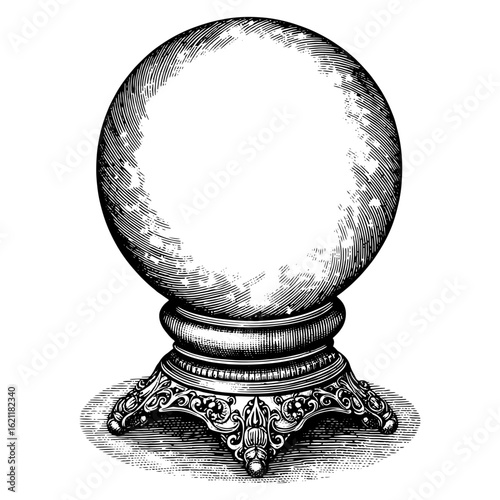 Ornate crystal ball on stand in wood engraving style, black and white, for fortune telling or magic.