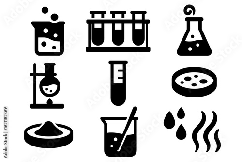 Science and chemistry solid icon set. lab, experiment, research silhouette icons
