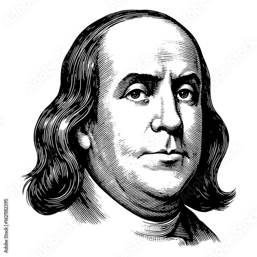 Benjamin Franklin close-up portrait in woodcut style