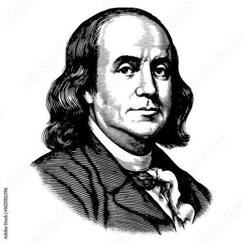 Benjamin Franklin portrait in woodcut style