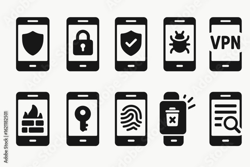 Security and privacy solid icon set. lock, firewall, vpn, and key icons collection