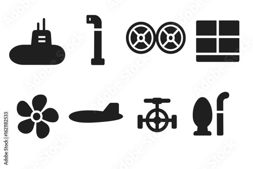 Nautical, submarine silhouette icon set. marine equipment symbols silhouette collection