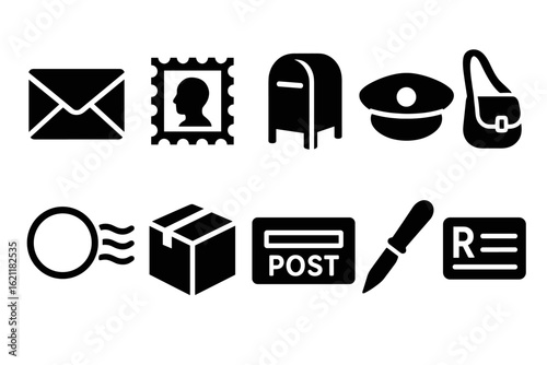 Mail and post office solid icon set. parcel, delivery symbols in solid style