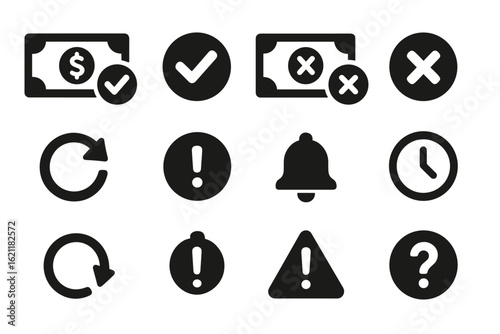 Business, workflow solid icon set. money, notification symbols solid collection