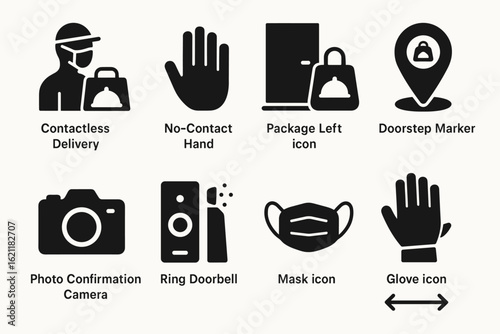 Contactless delivery silhouette icon set. no-contact, package, marker, mask icons