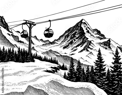 Cable cars in a black and white woodblock print style ascending a snowy mountain for alpine travel