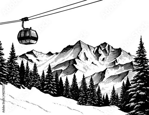 Mountain cable car in a black and white woodblock print style representing winter travel and tourism