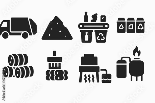 Waste management solid icon set. recycling, garbage, eco-friendly solid symbols collection