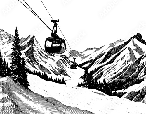 Vintage black and white illustration of mountain cable cars for alpine tourism