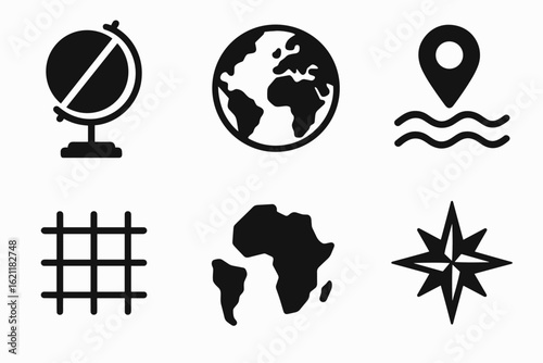 Travel and navigation silhouette icon set. maps, global destinations silhouette graphics