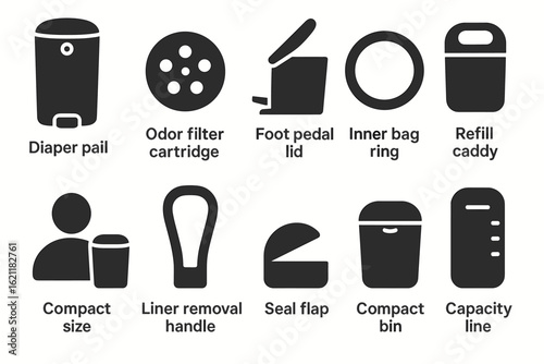 Diaper pail silhouette icon set. odor, foot pedal, liner, bag, refill, compact icon collection