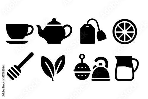Tea time solid icon set. beverage, honey, lemon, cup, leaf, teapot, kitchenware