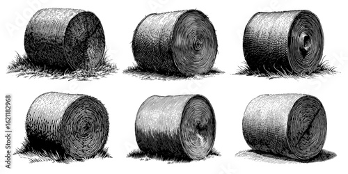 Set of hay bales in a black and white woodcut style