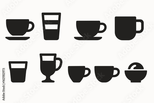 Coffee and tea silhouette icon set. beverage essentials in silhouette style