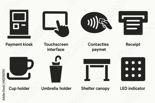 Payment, touchscreen solid icon set. contactless, kiosk interface collection