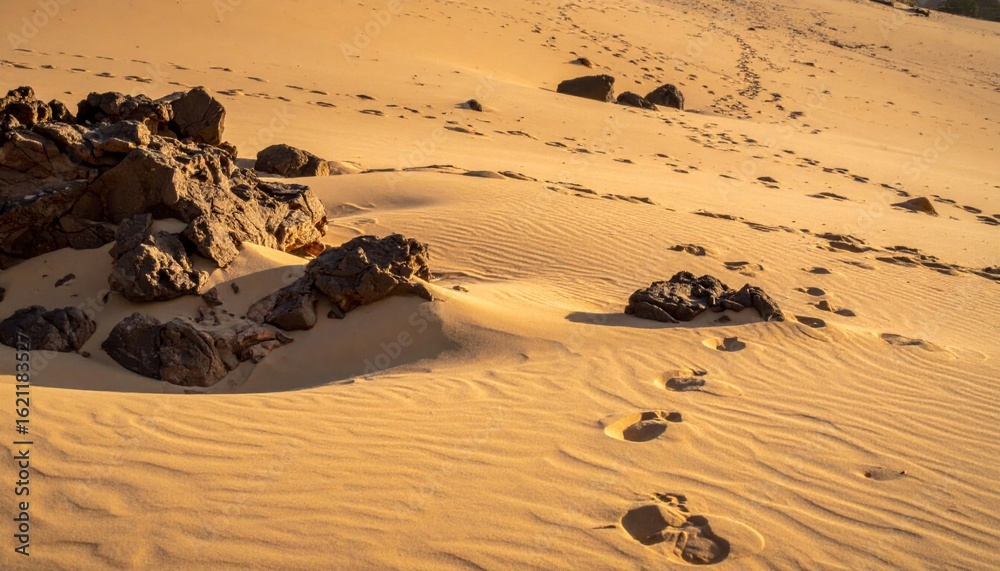 Obraz premium Warm Sandy Desert Landscape with Footprints Rocks and Golden Light Texture