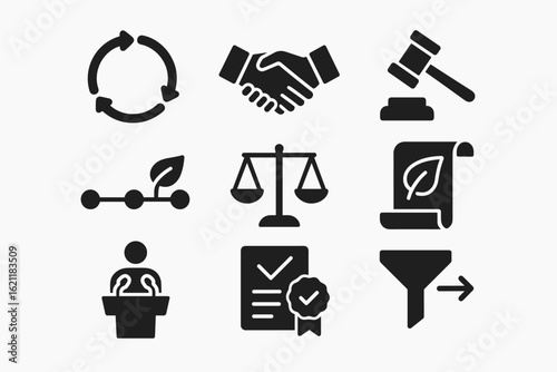 Business and law solid icon set. corporate, legal, contract symbols collection