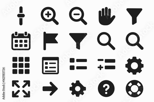 Essential tools solid icon set. search, filtering, navigation icons solid collection