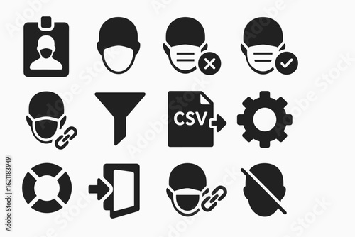 Security and mask solid icon set: essential protection and access symbols