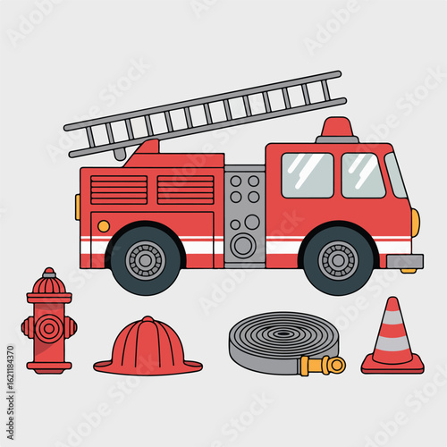 Red fire truck and firefighter equipment illustration