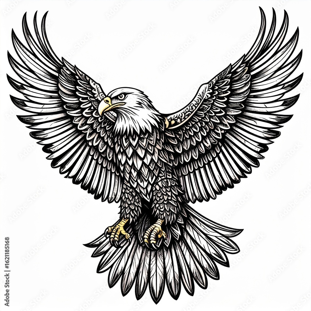 Obraz premium Detailed Illustration of an Eagle with Spread Wings in Black and White