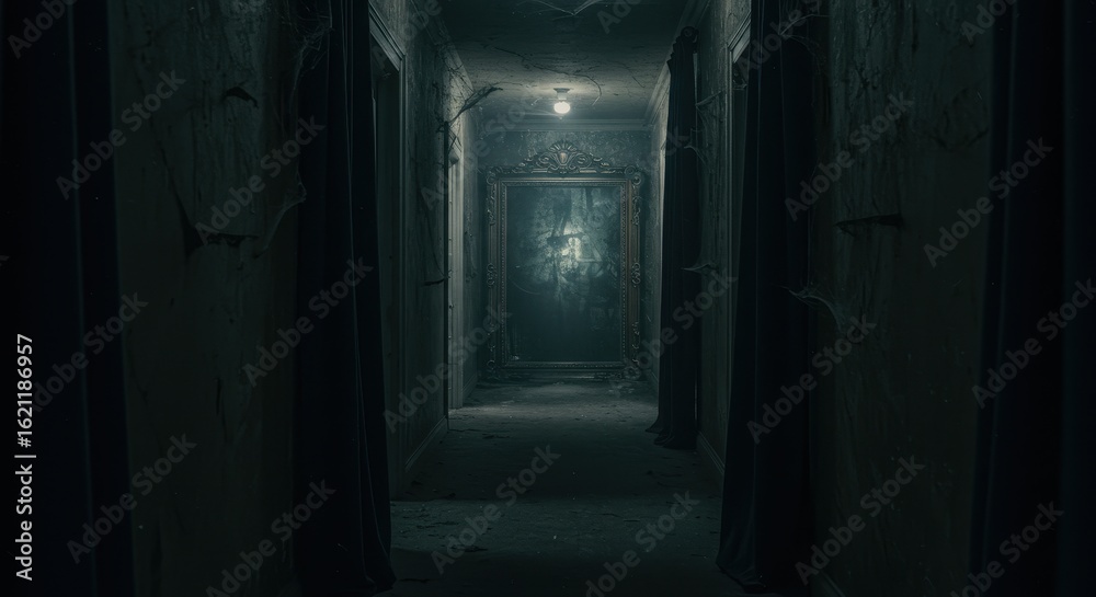 Obraz premium Dark Haunted Hallway with Faint Blue Light and Fog 