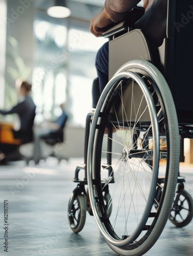 A person in a wheelchair navigates an office environment, demonstrating the importance of accessibility and inclusivity in the workplace.
