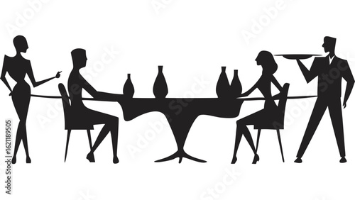 Silhouette of people dining in a restaurant with a waiter and a hostess near the table created with generated ai