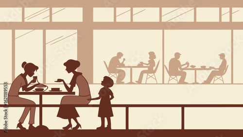 People dining inside a restaurant with large windows and sepia tones showing family and friends enjoying meals created with generated ai