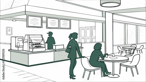 Illustration of a cafe interior with customers at tables and a worker behind the counter area created with generated ai