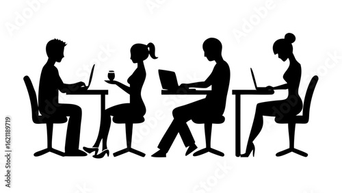 Silhouette of four people working at tables with laptops and one holding a drink in black and white created with generated ai