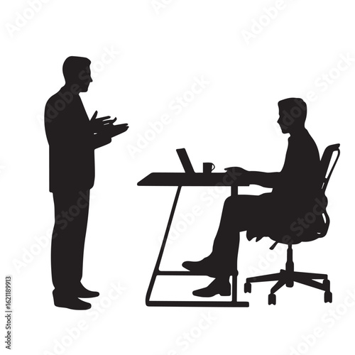 Silhouette of two businessmen in an office meeting with one presenting, black silhouette vector, Simple silhouette Design vector icon with white background 