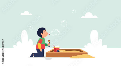 Boy Making Soap Bubbles In The Sandbox Flat Cartoon Illustration Scene