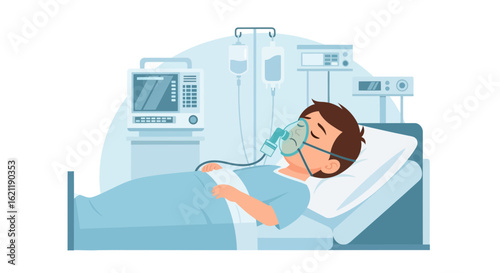 Boy Patient Rests In A Hospital Bed While Receiving Oxygen Therapy