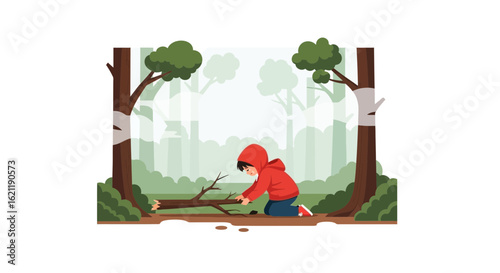 Boy Plays In A Natural Forest Landscape Connecting With Nature On Adventure