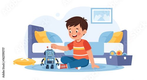 Boy Plays With His Toy Robot In The Bedroom At Home