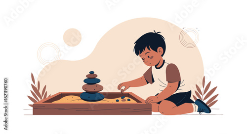 Boy Plays With Zen Garden Creating Balance and Mindfulness In Childhood