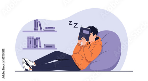 Boy Relaxing In A Beanbag While Reading Falls Asleep Overwhelmed By Study